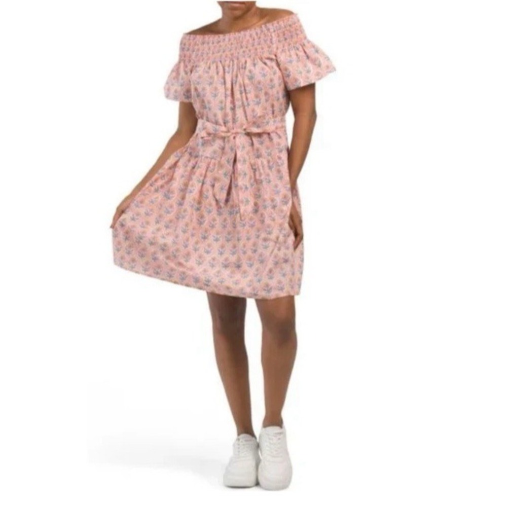 Marea Floral Off the Shoulder Dress Sash Medium Pink Block Print 100% Cotton